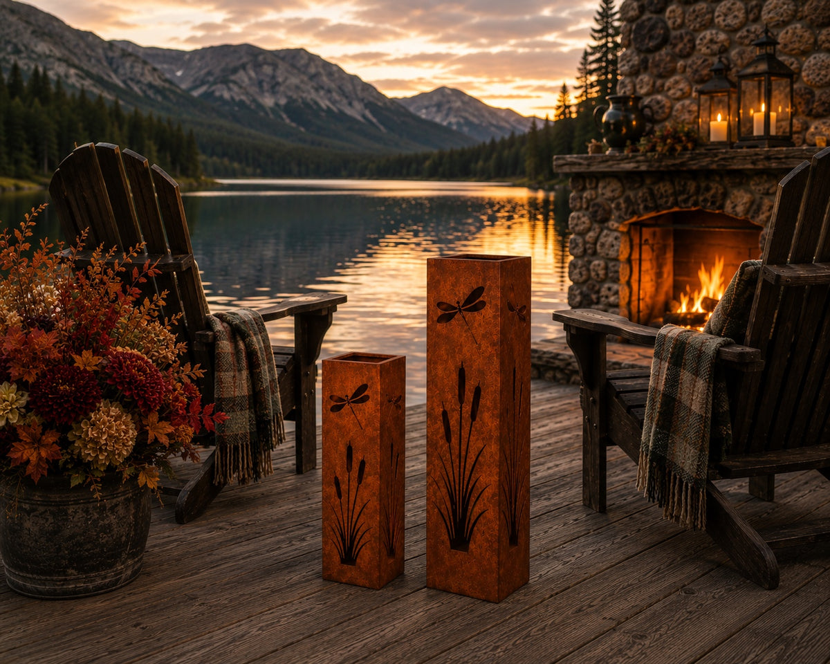 Dragonfly and Cattails 18 & 24 inch rustic steel garden column set