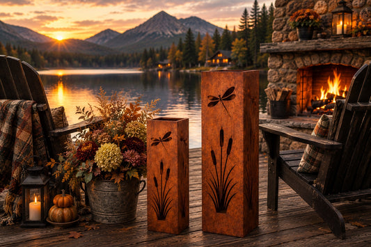 Dragonfly and Cattails 24 & 32 inch rustic steel garden column set