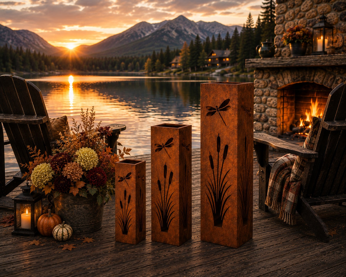 Dragonfly and Cattails 18, 24 & 32 inch rustic steel garden column set