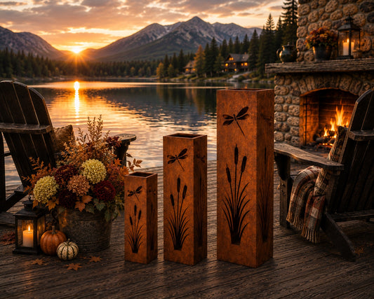 Dragonfly and Cattails 18, 24 & 32 inch rustic steel garden column set