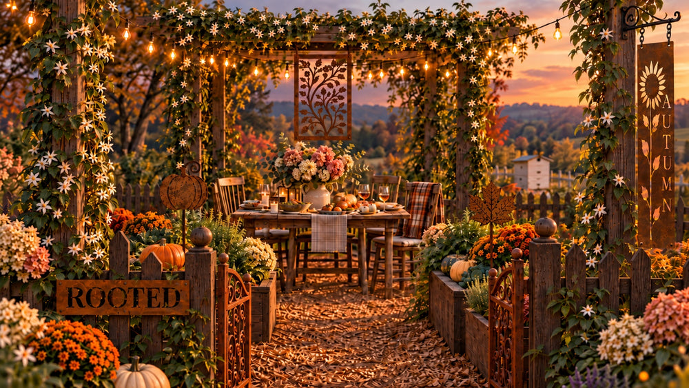 Harvest table beneath a pergola with rusted steel botanical panels and autumn garden accents.