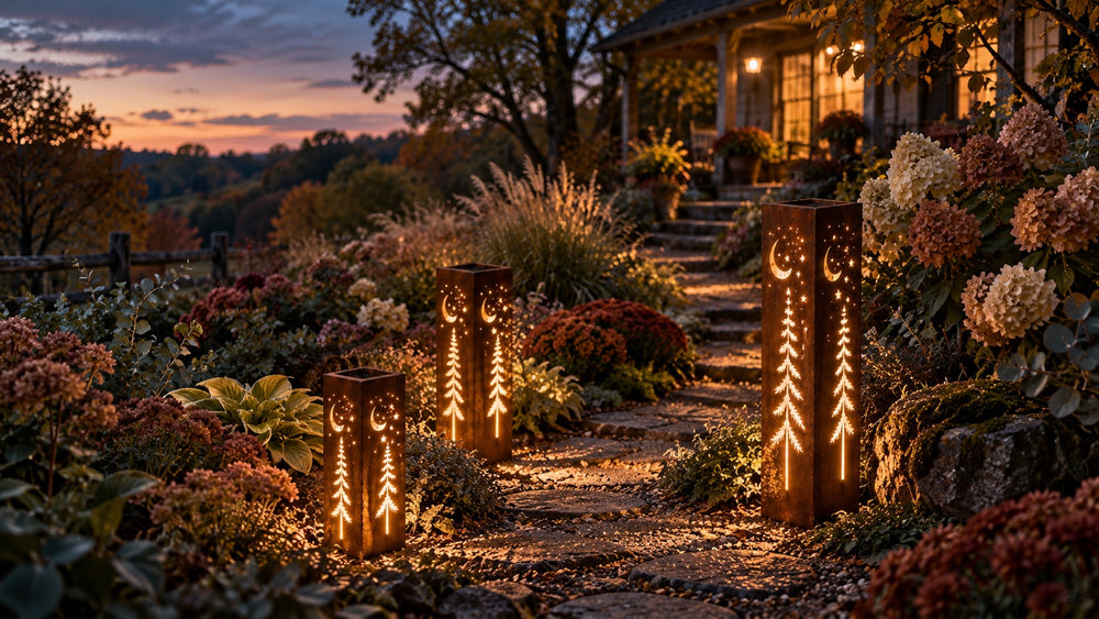 Handcrafted pine tree luminaries glowing along an autumn garden path.