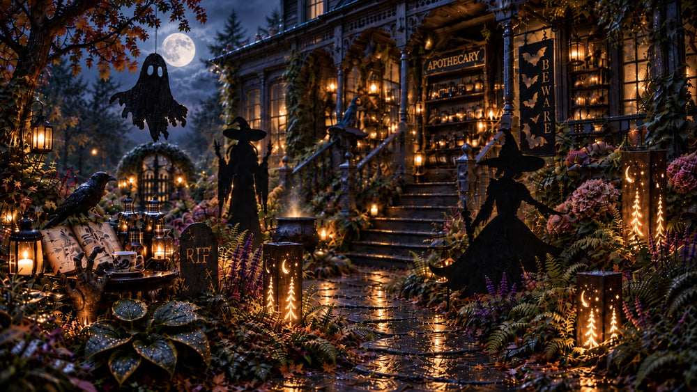 Cottage Halloween garden with witches, hanging ghost and glowing steel luminaries.