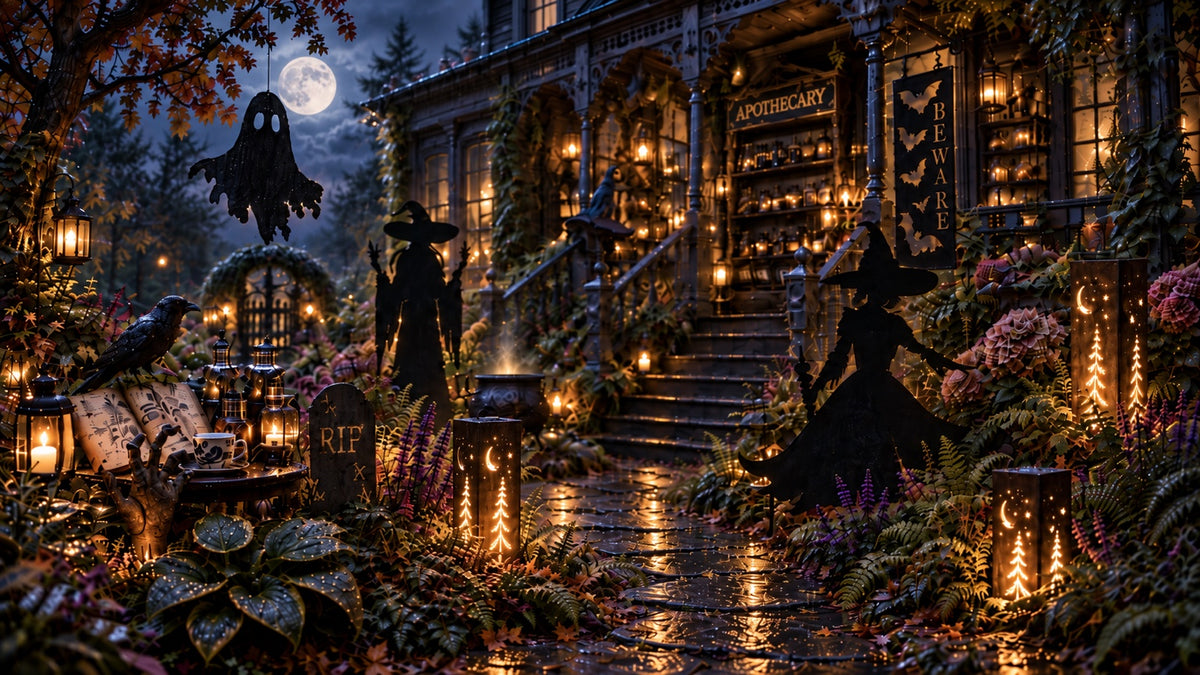 Cottage Halloween garden with witches, hanging ghost and glowing steel luminaries.