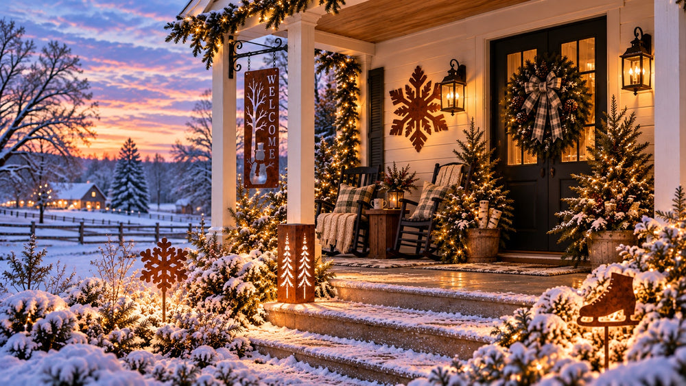 First snow on a farmhouse porch with snowflake steel decor and warm garden light.
