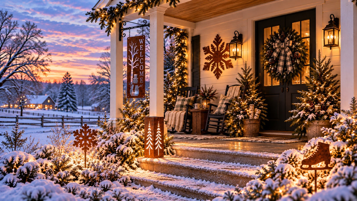 First snow on a farmhouse porch with snowflake steel decor and warm garden light.