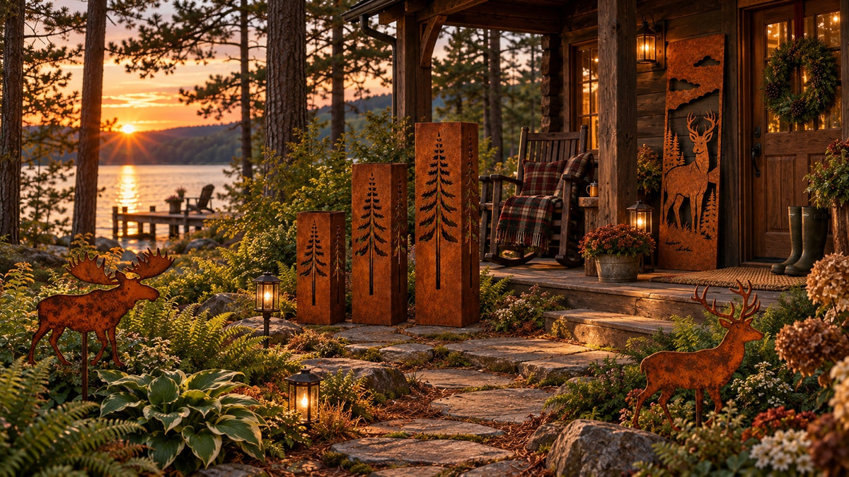 Woodland cabin porch with deer garden art and pine tree steel columns.