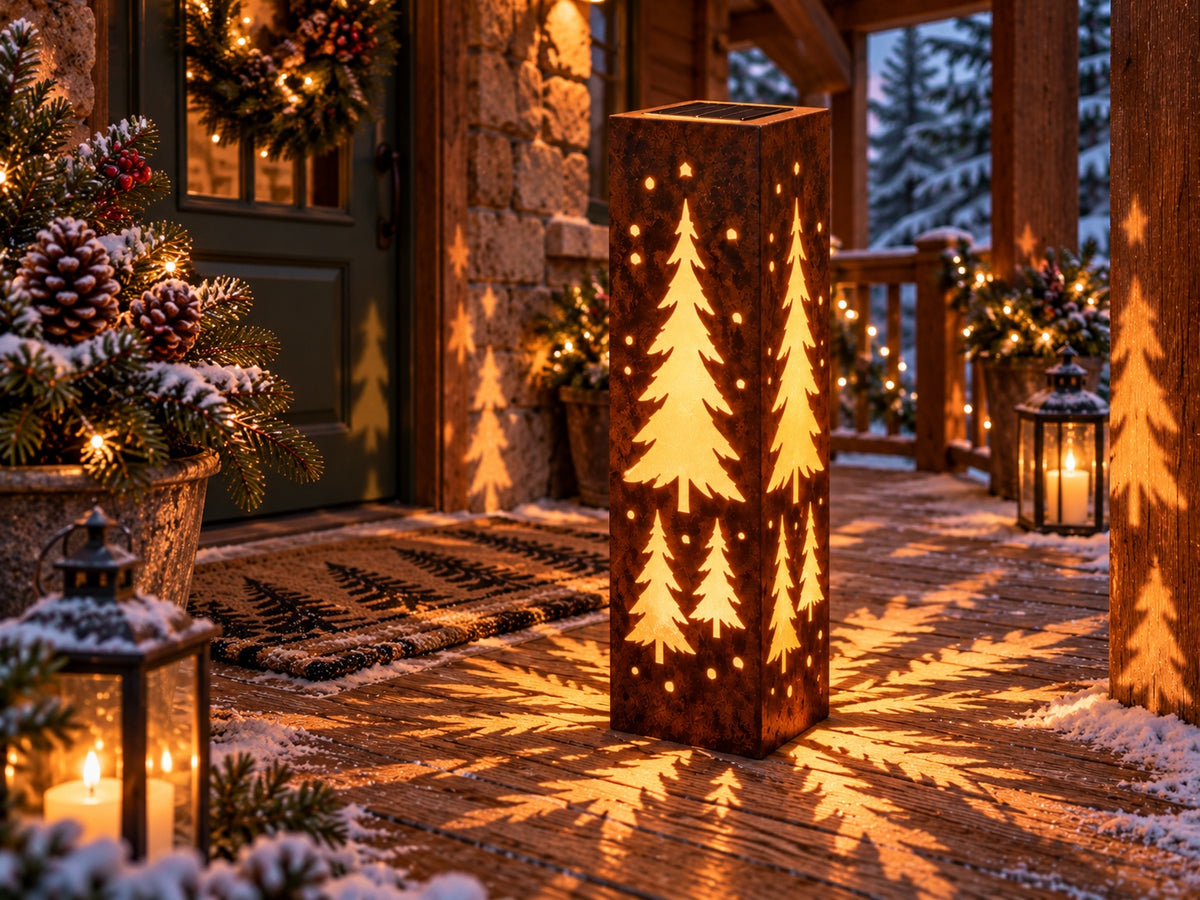 32-inch rusted evergreen tree solar steel luminary on a winter porch, view 2