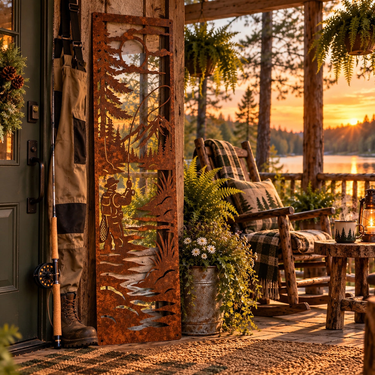 Fly Fishermen Metal Porch Leaner