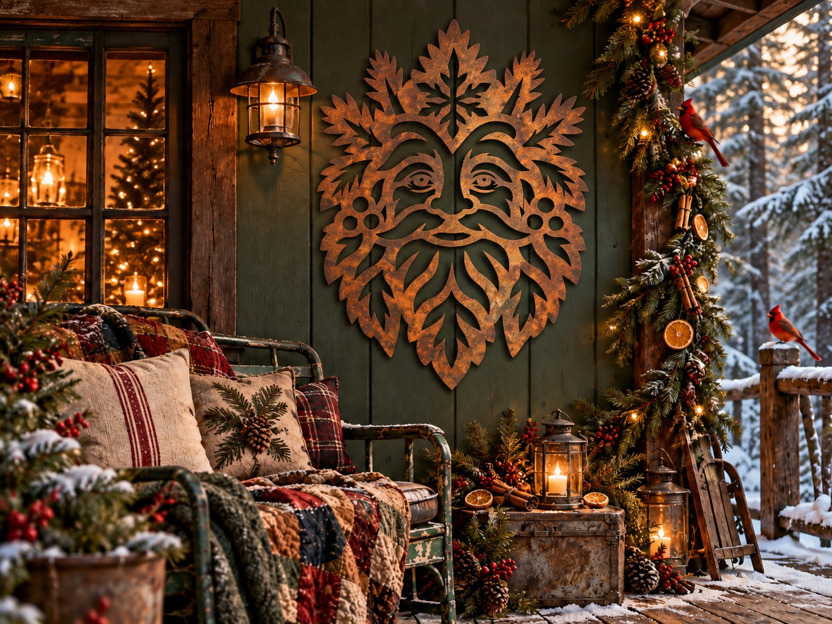 Frostwood Keeper winter spirit face with snowflake crown, berry cutouts and leafy beard in Signature Rusted steel on an olive green porch wall