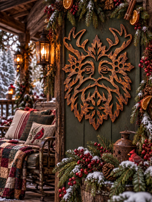 Hollyfrost Guardian winter spirit face with sweeping antlers, holly berry cutouts and a snowflake beard in Signature Rusted steel on a winter porch