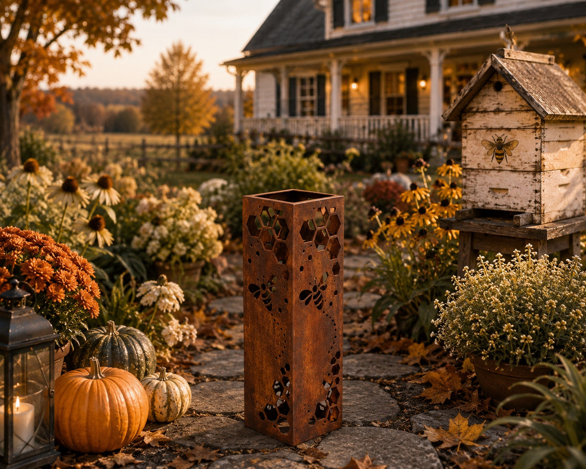 18 inch Honeycomb Bee rustic steel garden column