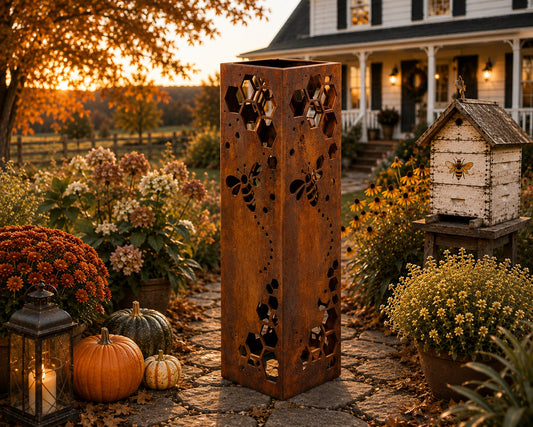 32 inch Honeycomb Bee rustic steel garden column