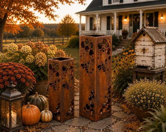 18 and 24 inch Honeycomb Bee rustic steel garden column set