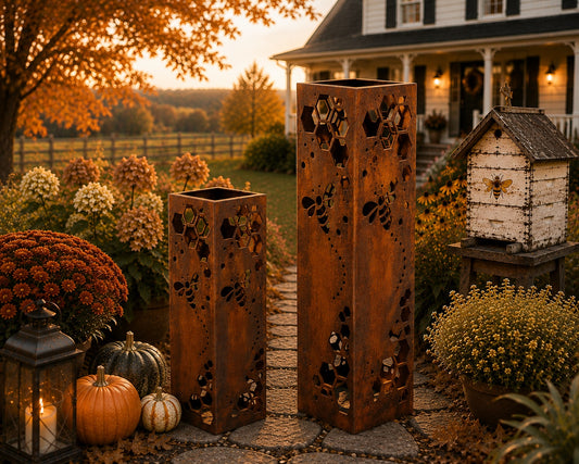 24 and 32 inch Honeycomb Bee rustic steel garden column set