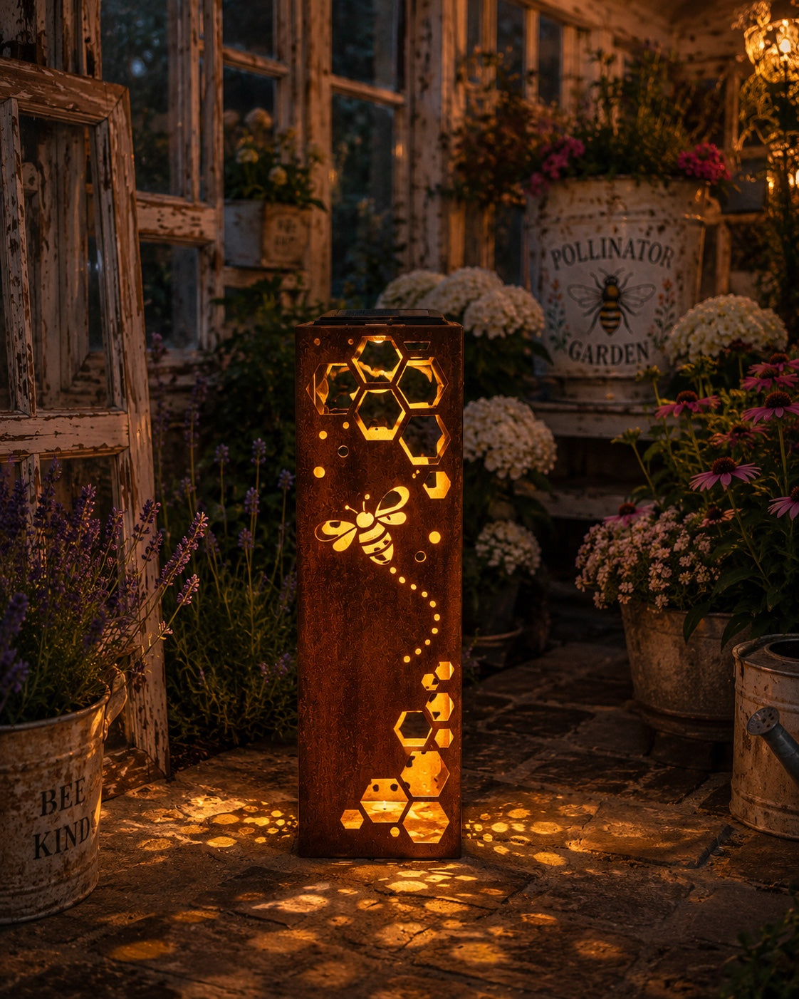 18 inch rusted steel Honeycomb Bee solar luminary glowing in a cottage pollinator garden