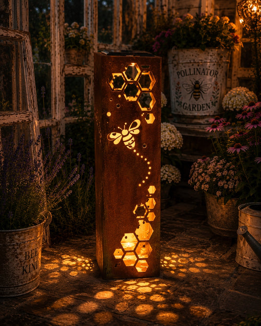 24 inch Honeycomb Bee solar steel luminary glowing in a pollinator garden
