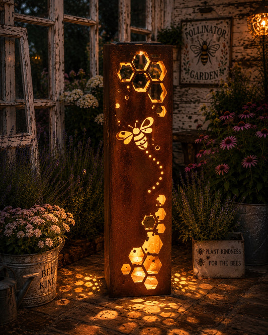 32 inch rusted steel Honeycomb Bee solar luminary glowing in a cottage pollinator garden