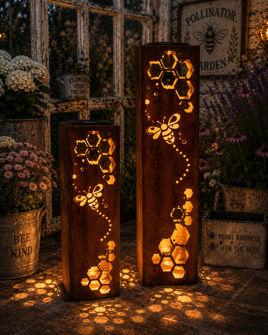 18 and 24 inch Honeycomb Bee solar luminaries in a cottage pollinator garden