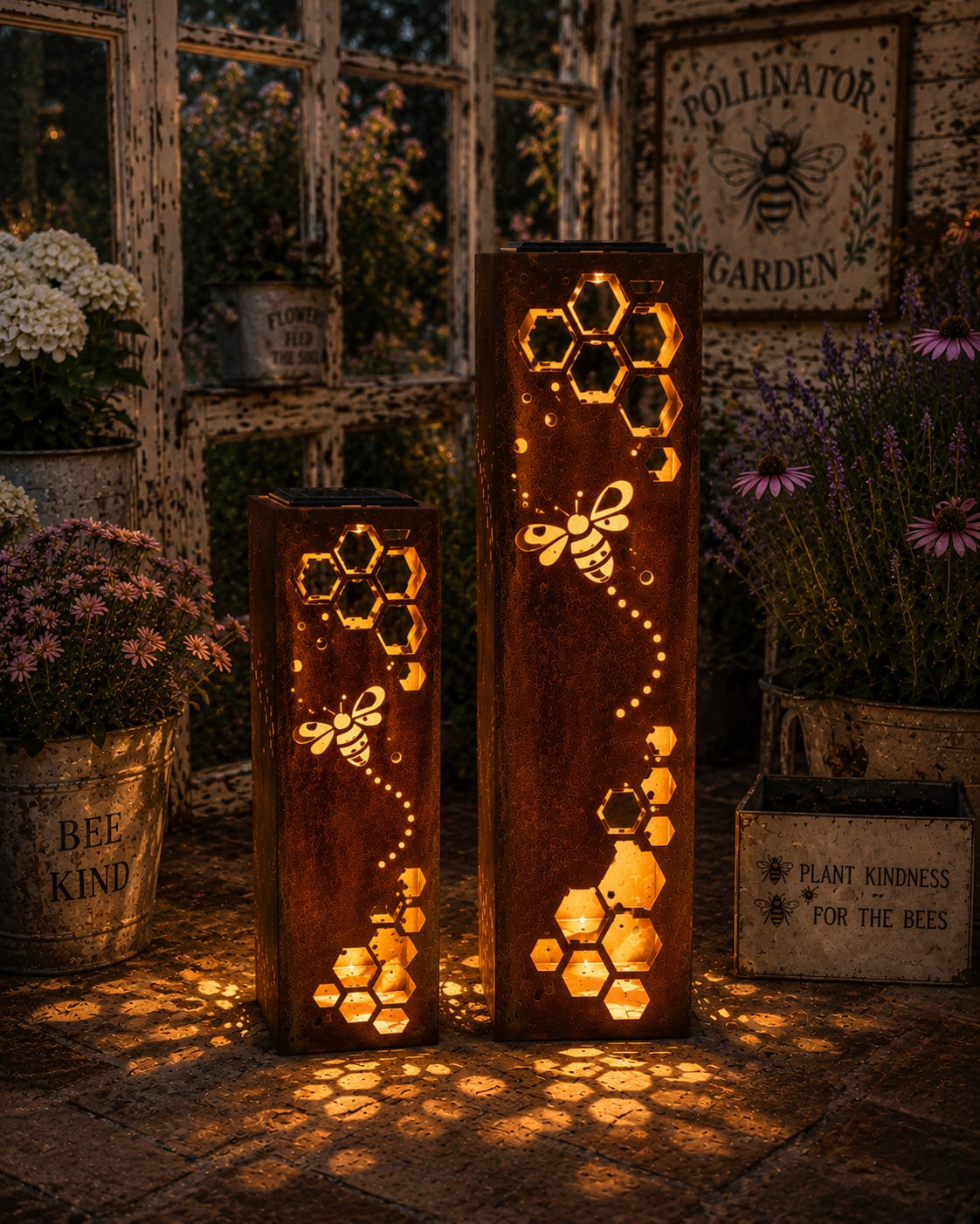 24 and 32 inch Honeycomb Bee solar steel luminary set glowing in a pollinator garden