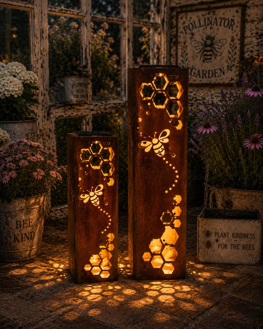 24 and 32 inch Honeycomb Bee solar steel luminary set glowing in a pollinator garden
