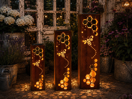 18, 24 and 32 inch rusted steel honeycomb bee solar luminaries glowing in a cottage pollinator garden