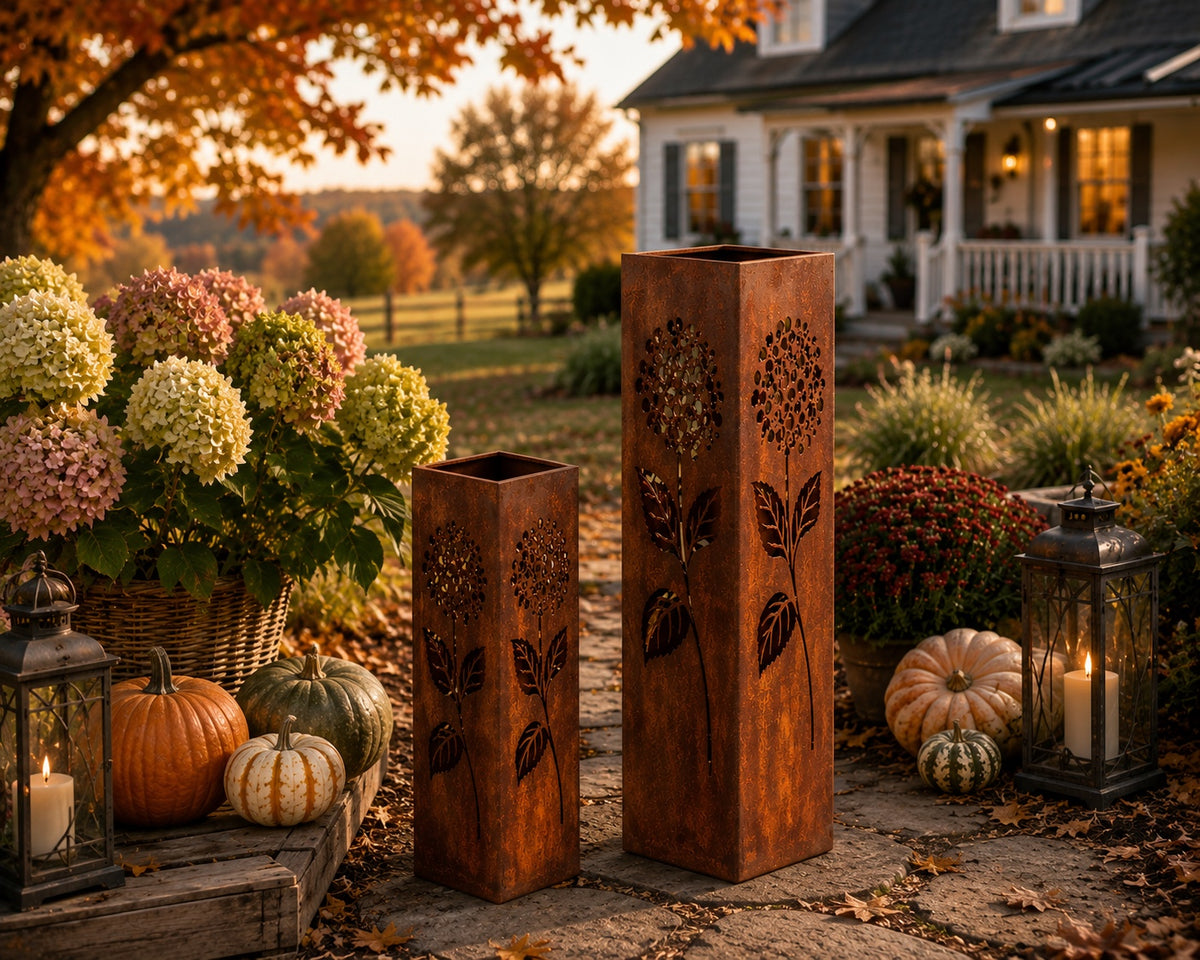 18 and 24 inch Hydrangea rustic steel garden column set