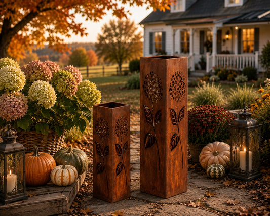 18 and 24 inch Hydrangea rustic steel garden column set