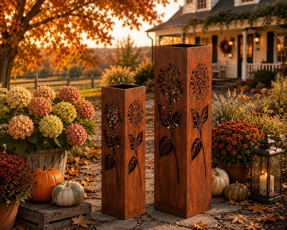 24 and 32 inch Hydrangea rustic steel garden column set