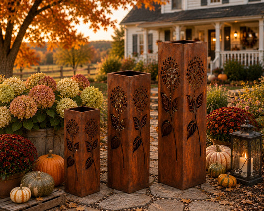 18 24 and 32 inch Hydrangea rustic steel garden column trio