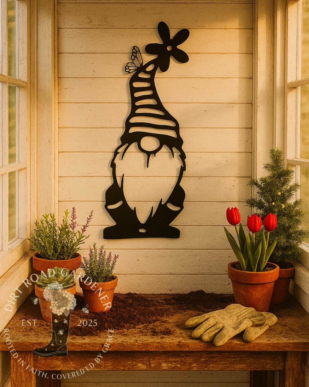 Garden Gnome Metal Silhouette | Rustic Outdoor Wall Art | Farmhouse Garden Decor