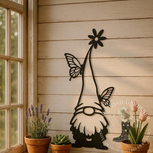 Butterfly Gnome Metal Silhouette | Rustic Garden Wall Art | Farmhouse Outdoor Steel Decor