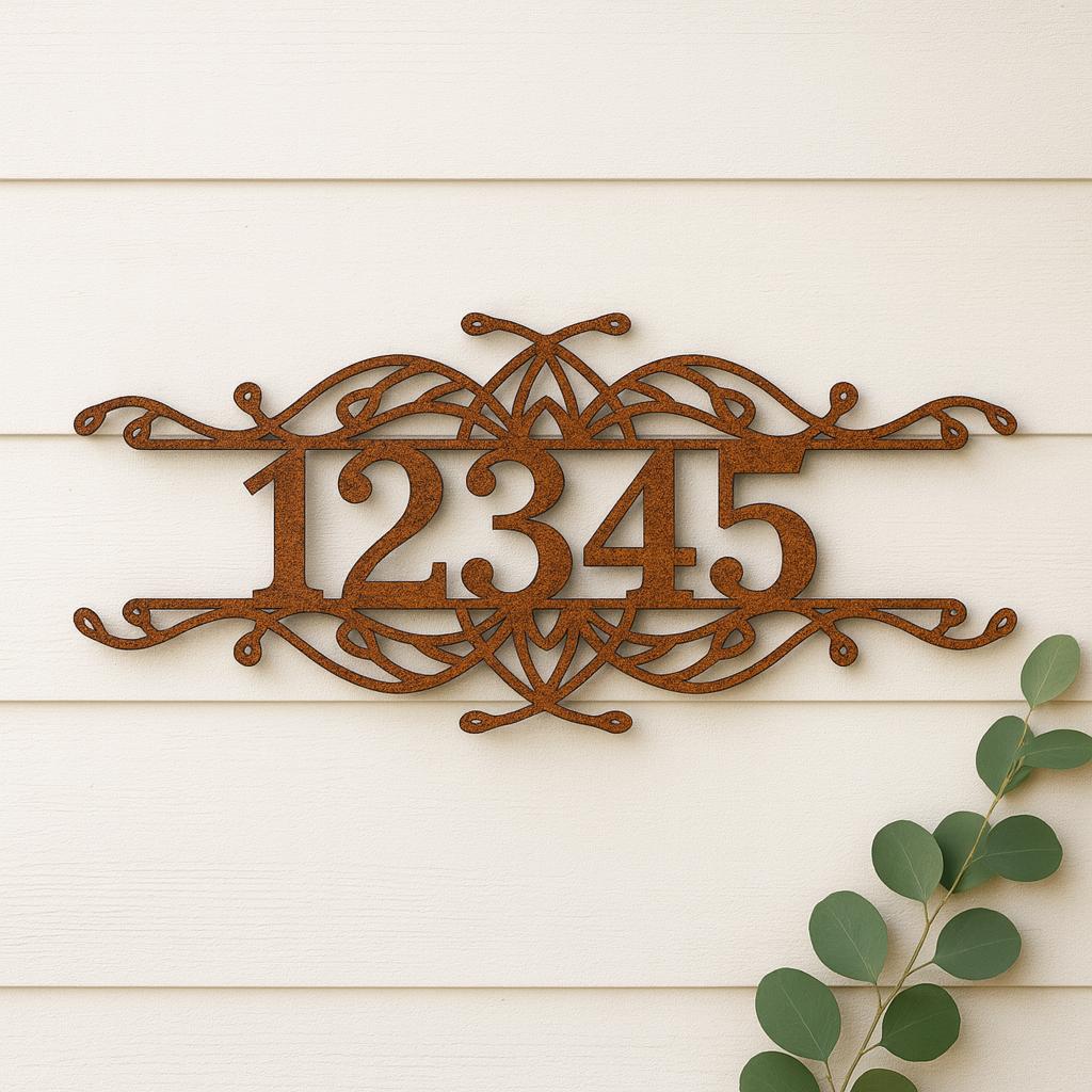 Scrolled Metal Address Sign | Custom House Number | Farmhouse Front Porch Decor