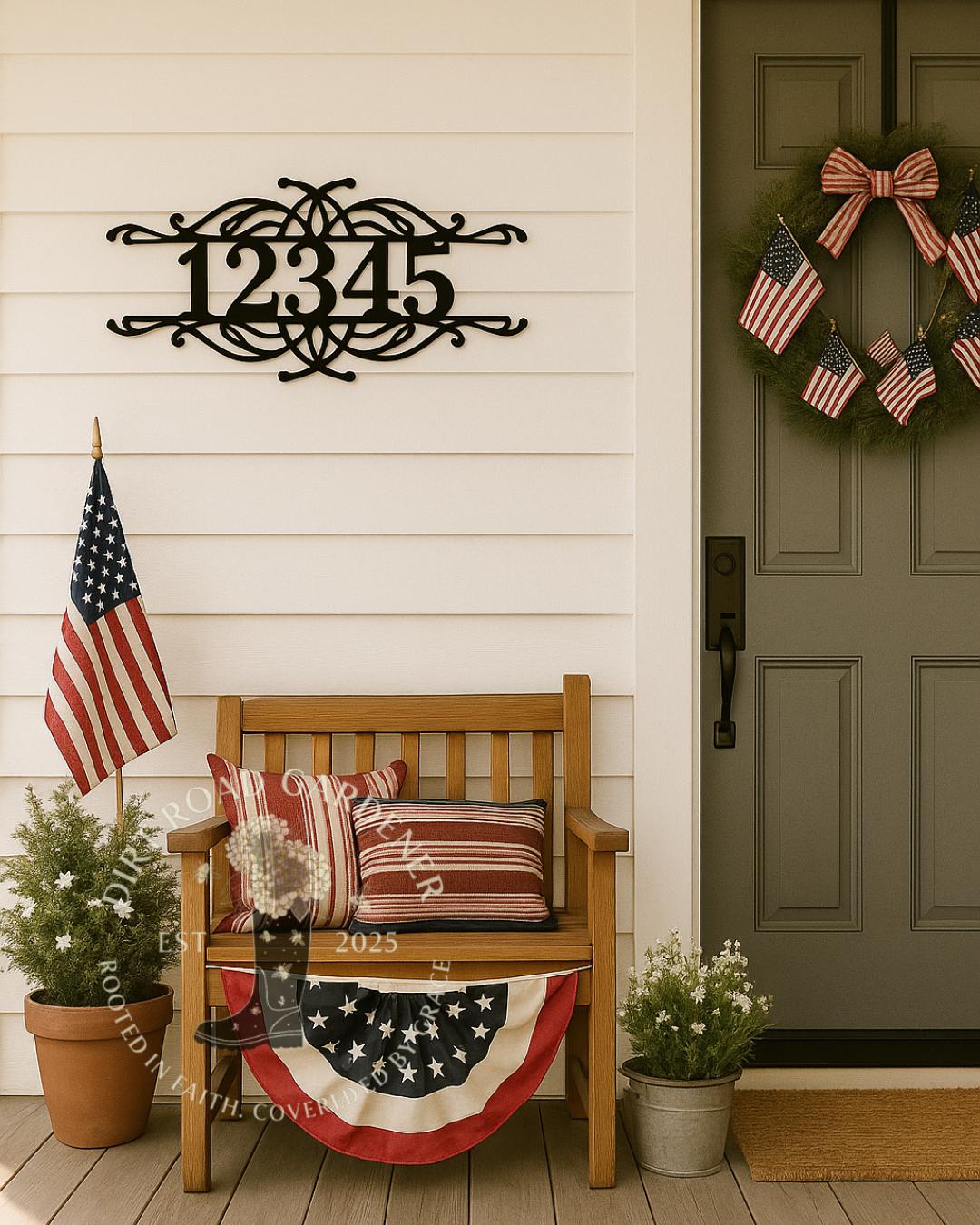 Scrolled Metal Address Sign | Custom House Number | Farmhouse Front Porch Decor