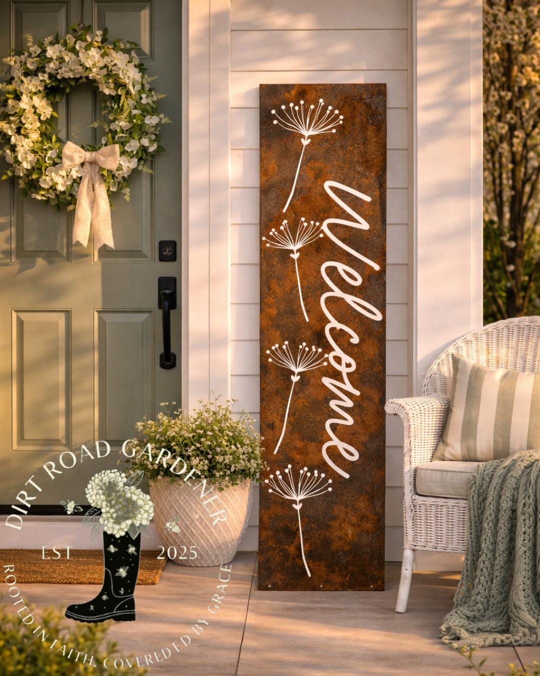 WELCOME Botanical Farmhouse Country Cottage Vertical Porch Sign | Porch Leaner