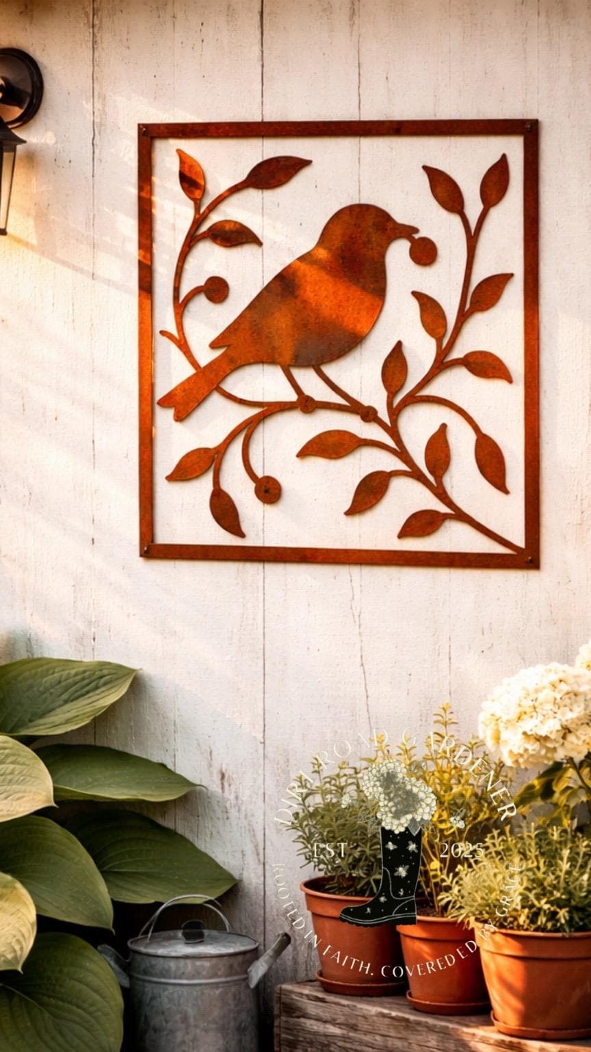 Metal Botanical Winer Berry Bird Wall Panel | Square Farmhouse Garden Art | Rustic Cottage Metal Wall Decor | Nature Inspired Wall Art