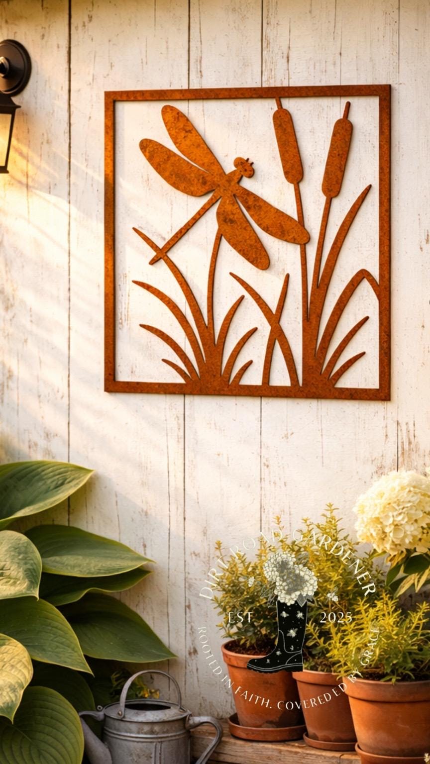 Metal Dragonfly Botanical Wall Panel | Square Rustic Farmhouse Wall Art | Cottage Garden Metal Decor | Nature Inspired Wall Panel