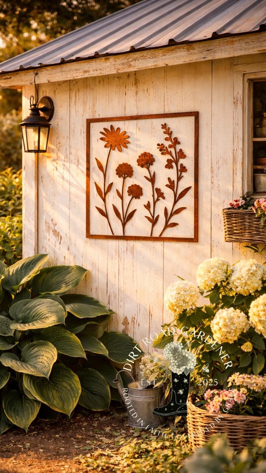 Metal Floral Wall Panel | Square Botanical Metal Art | Rustic Farmhouse Flower Wall Decor | Cottage Garden Wall Panel