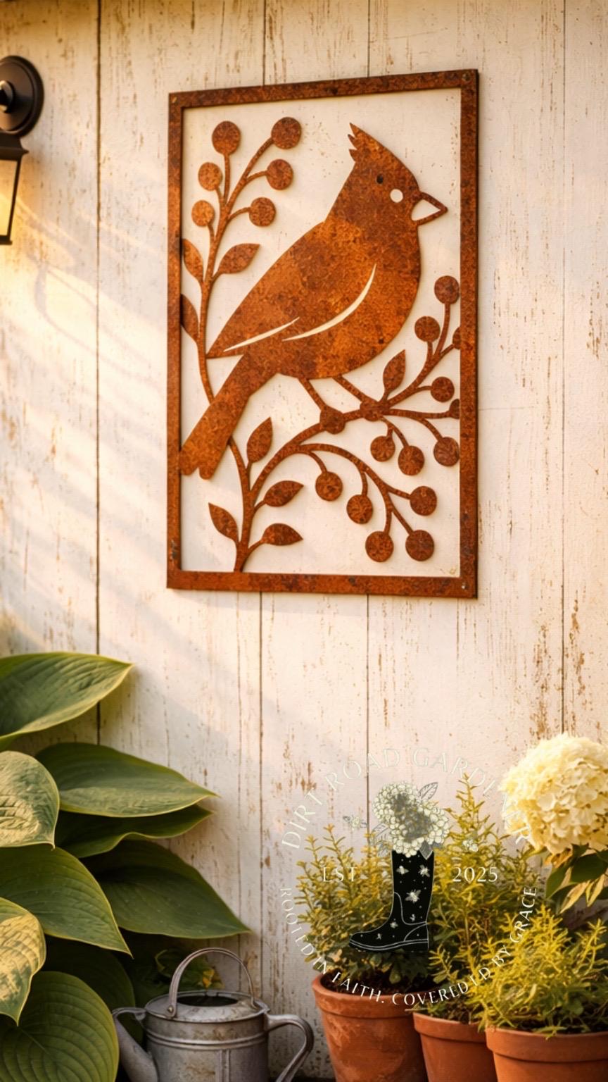 Metal Bird Wall Panel | Rectangle Botanical Metal Art | Rustic Farmhouse Garden Wall Decor | Cottage Bird Wall Art Cardinal
