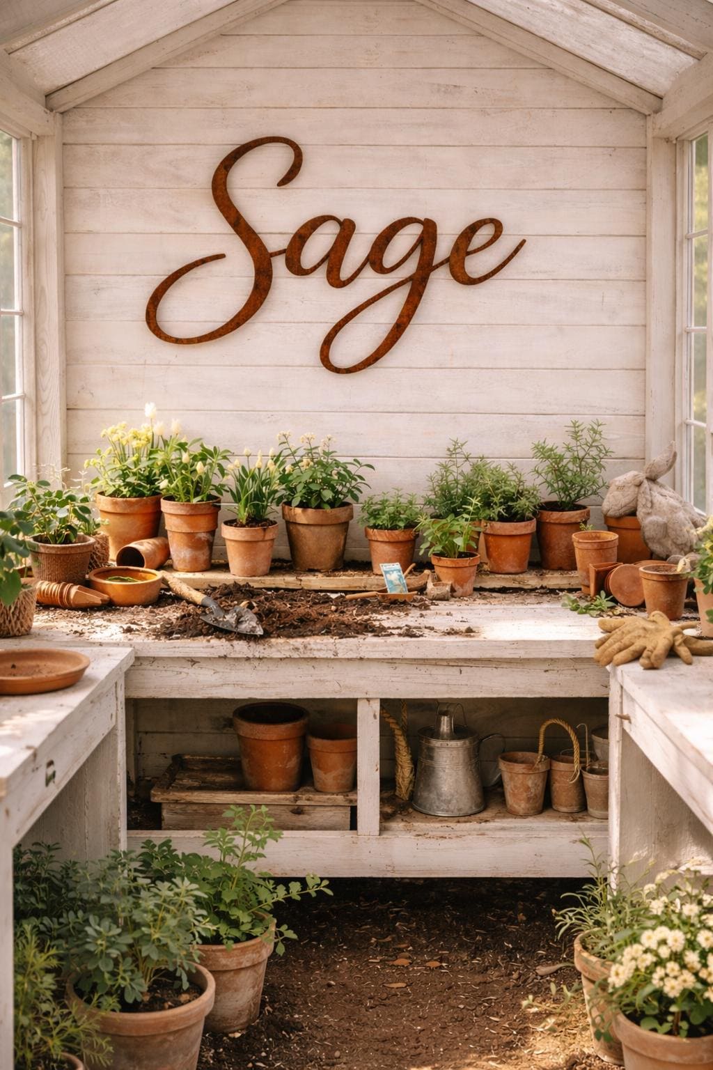 Sage Metal Word Sign | Rustic Garden Wall Decor | Farmhouse Potting Shed Sign | Botanical Metal Word Art