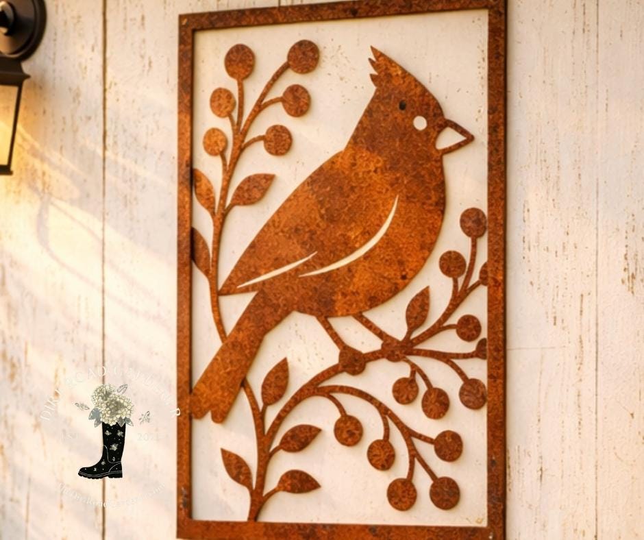 Metal Bird Wall Panel | Rectangle Botanical Metal Art | Rustic Farmhouse Garden Wall Decor | Cottage Bird Wall Art Cardinal