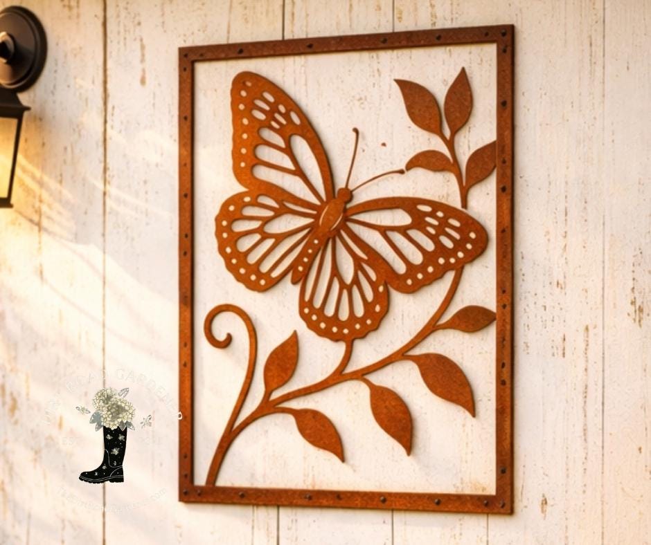 Metal Butterfly Wall Panel | Rectangle Botanical Metal Art | Rustic Farmhouse Garden Wall Decor | Cottage Butterfly Wall Art