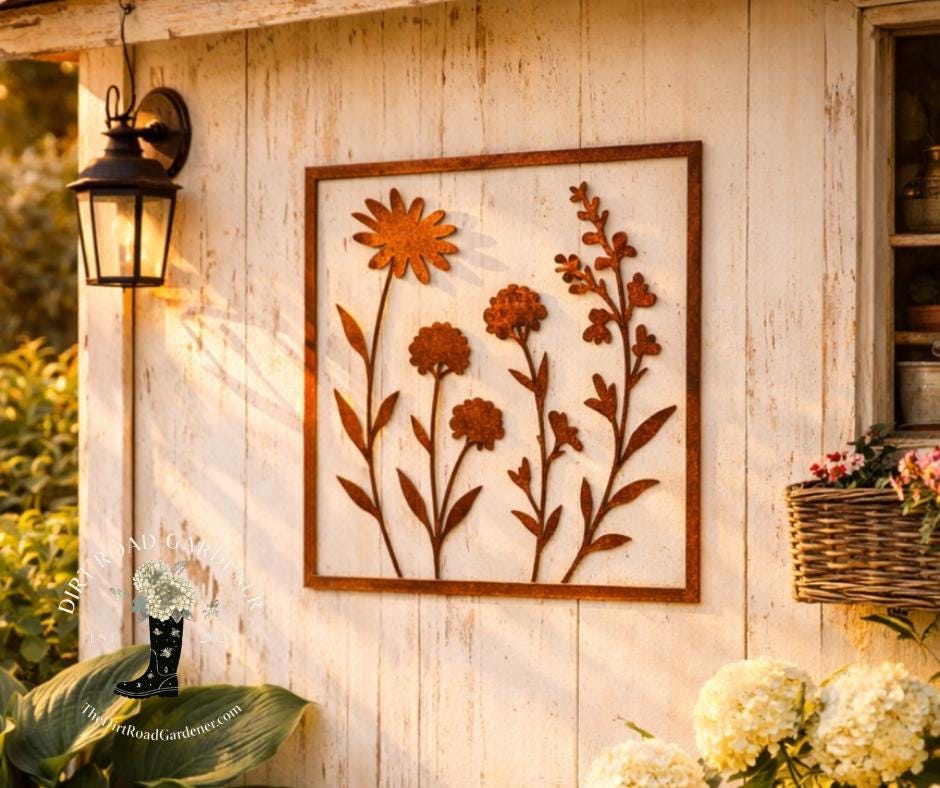 Metal Floral Wall Panel | Square Botanical Metal Art | Rustic Farmhouse Flower Wall Decor | Cottage Garden Wall Panel