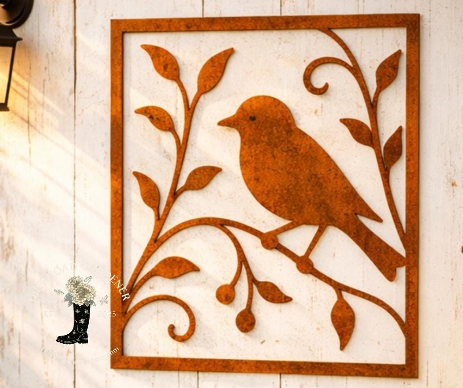 Metal Botanical Bird Wall Panel | Square Rustic Farmhouse Wall Art | Cottage Garden Metal Decor | Nature Inspired Wall Panel
