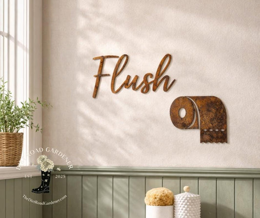 Flush Bathroom Metal Sign Set | Toilet Paper Wall Decor | Farmhouse Bathroom Sign | Rustic Bathroom Wall Art