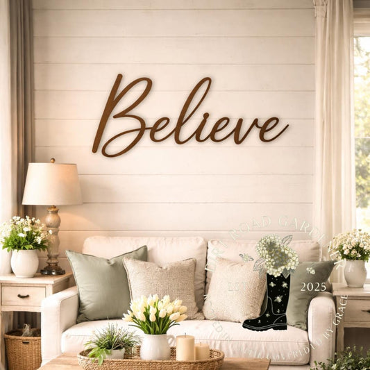 BELIEVE Script Metal Word Sign | Farmhouse Country Cottage Wall Decor