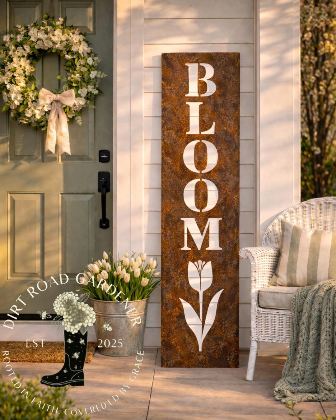 BLOOM Botanical Farmhouse Country Cottage Vertical Porch Sign | Porch Leaner