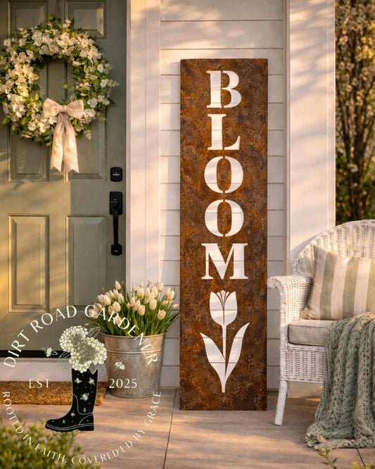 BLOOM Botanical Farmhouse Country Cottage Vertical Porch Sign | Porch Leaner