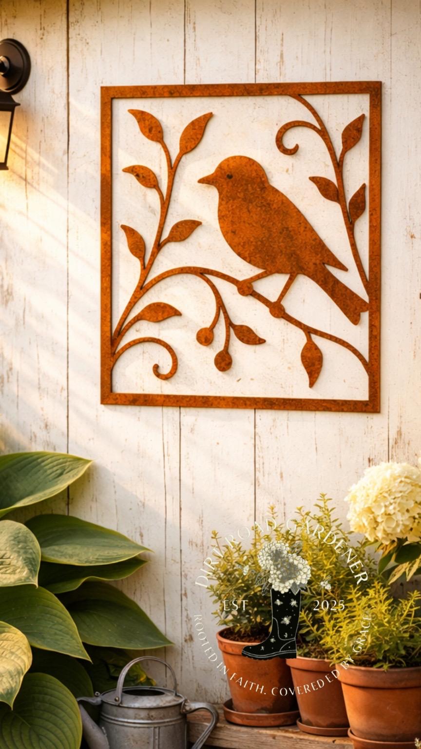 Metal Botanical Bird Wall Panel | Square Rustic Farmhouse Wall Art | Cottage Garden Metal Decor | Nature Inspired Wall Panel