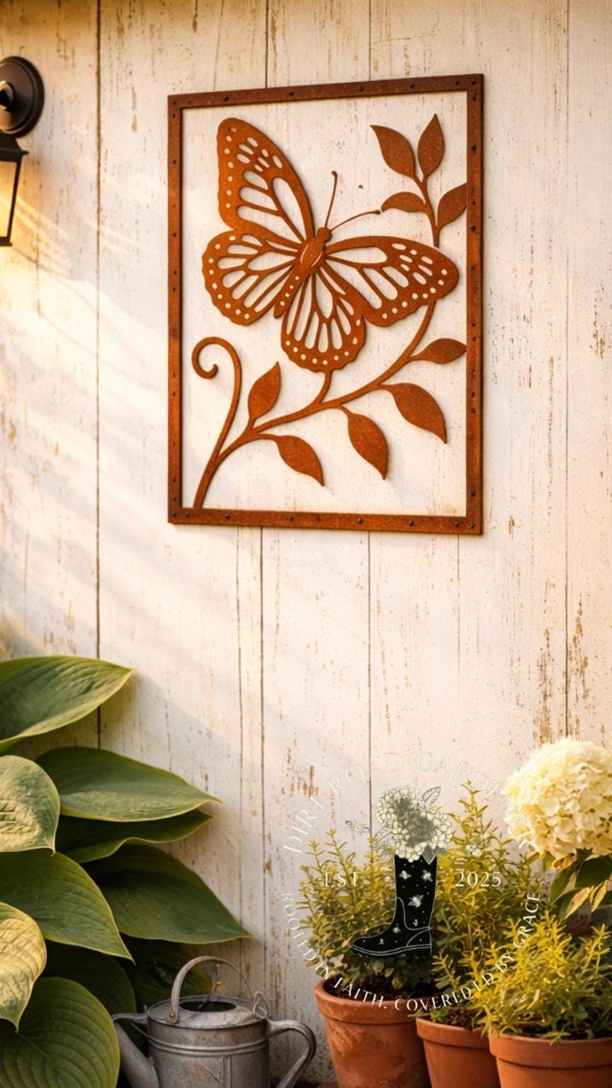 Metal Butterfly Wall Panel | Rectangle Botanical Metal Art | Rustic Farmhouse Garden Wall Decor | Cottage Butterfly Wall Art